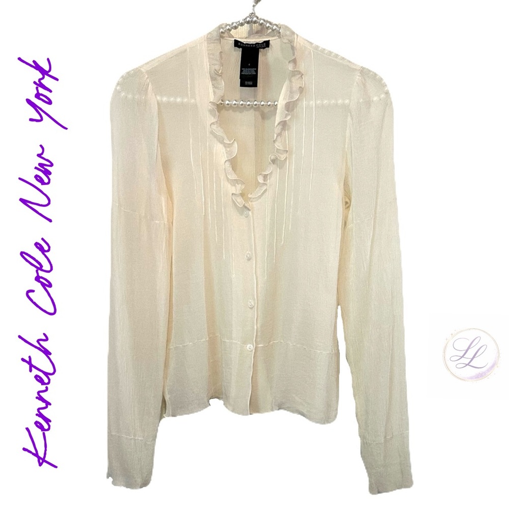 KENNETH COLE NEW YORK 100% SILK Sheer Off White Button Down Blouse Size 4